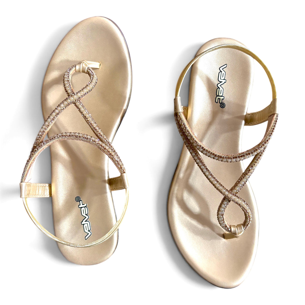 Embellished Slingback Flat Sandals – White & Gold