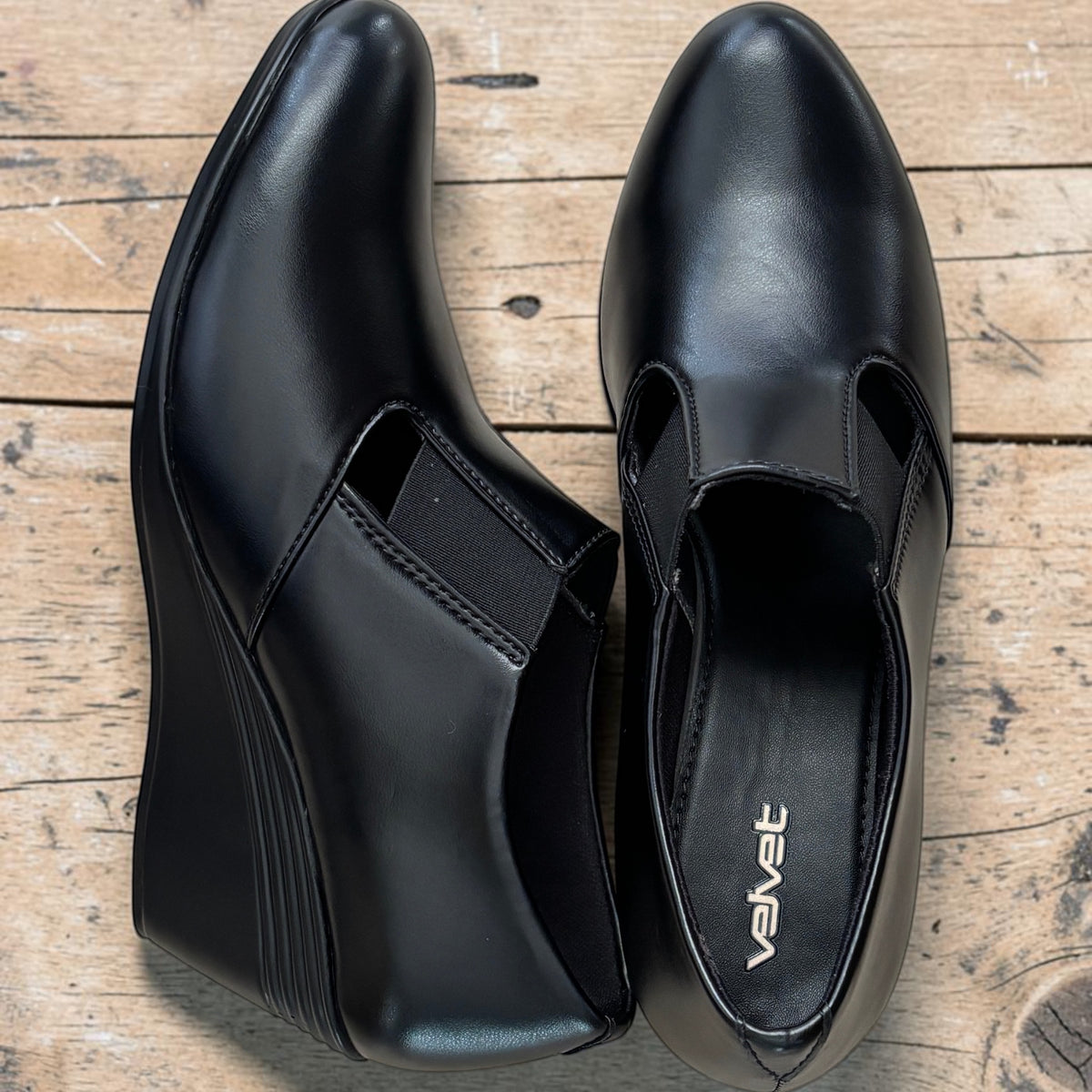 Black Wedge Heel Ankle Boot with Elastic Panel