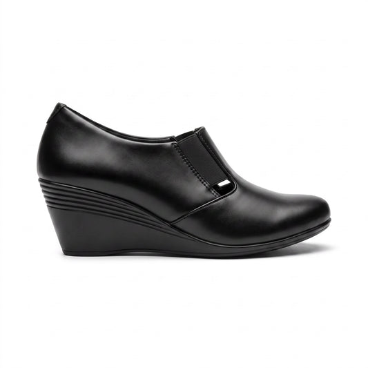 Black Wedge Heel Ankle Boot with Elastic Panel
