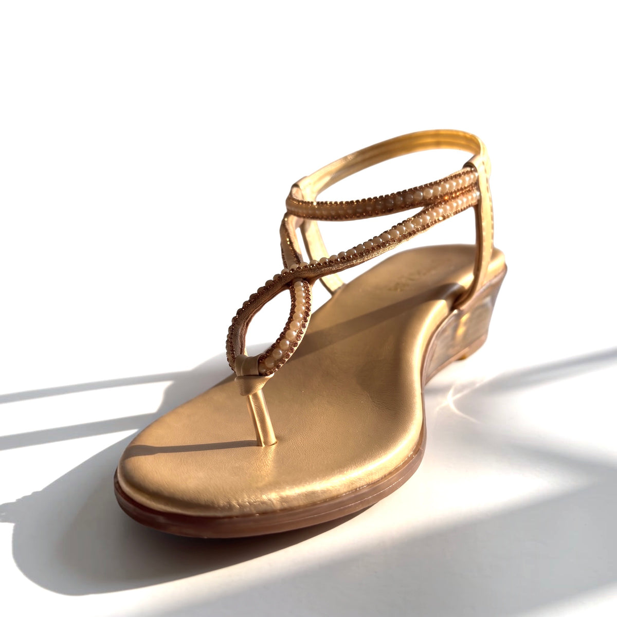 Embellished Slingback Flat Sandals – White & Gold