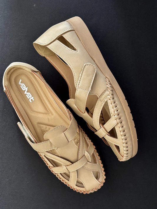 WALK WITH ASHOKA champagne synthetic leather closed-toe sandals with woven strap detail and adjustable hook-and-loop
