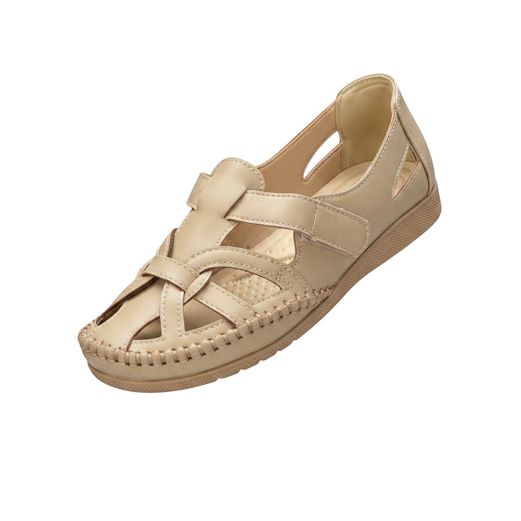 WALK WITH ASHOKA champagne synthetic leather closed-toe sandals with an intricate woven strap and adjustable closure.