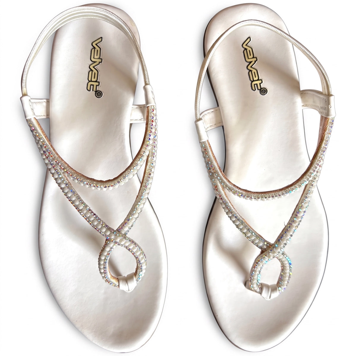 WALK WITH ASHOKA white flat slingback sandals featuring crystal and faux pearl embellishments on a thong-style strap.
