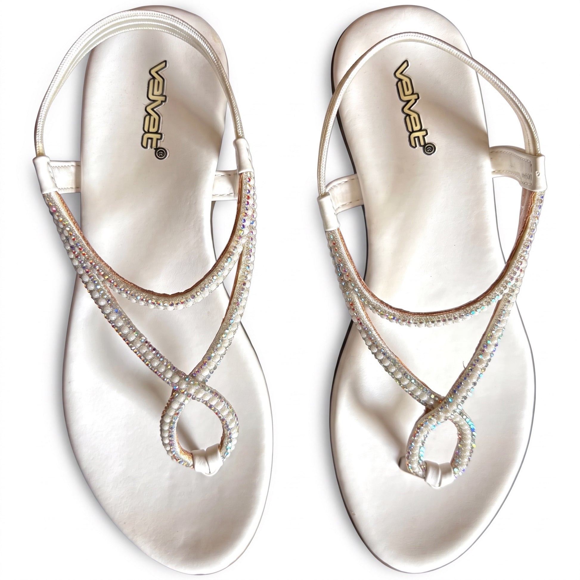 WALK WITH ASHOKA white flat slingback sandals featuring crystal and faux pearl embellishments on a thong-style strap.